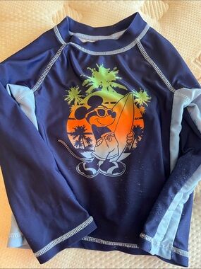 Kids Navy Blue Graphic Rash Guard Swim Shirt - Surf Mickey